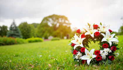 Solemn memorial wreath of white lilies and red roses in garden, remembrance