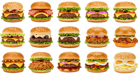 A vibrant collection of gourmet burgers showcasing diverse toppings and flavors on a transparent background, ideal for food marketing