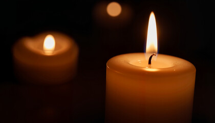 Single lit candle glowing in darkness, remembrance and reflection