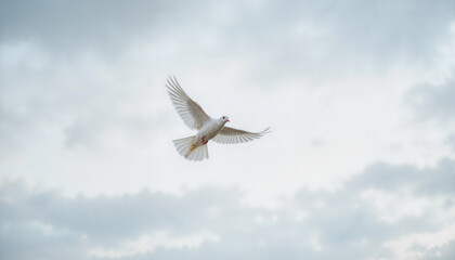 Obraz premium Lone white dove flying against a cloudy sky, symbolizing peace