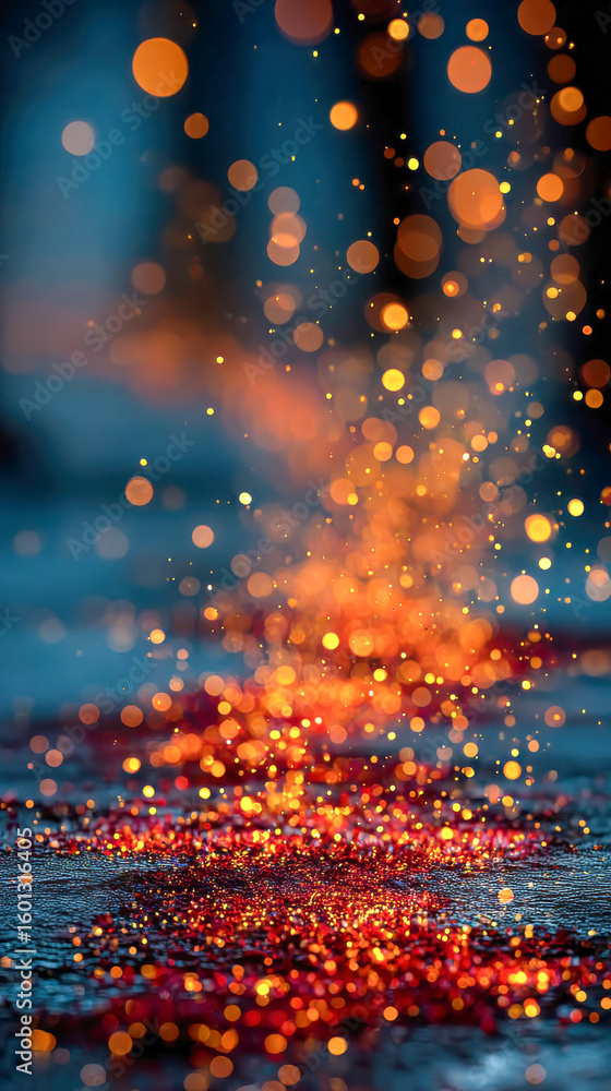 Poster bright red and orange glowing bokeh lights rising from a glistening surface, creating a dynamic and 
