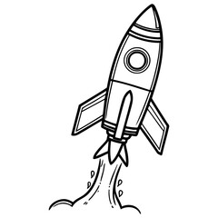 Cartoon rocket ship launching into space with flames and smoke