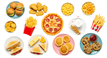 A vibrant spread of assorted fast food items including burgers, pizza, and snacks arranged on colorful plates, perfect for a party