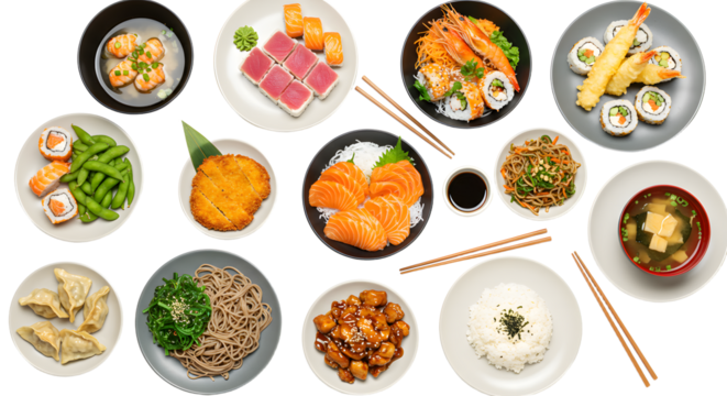 A vibrant spread of assorted Japanese cuisine featuring sushi, sashimi, and tempura, beautifully arranged for a feast