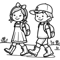 Boy and girl walking happily outdoors with backpacks and boots