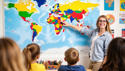 Friendly teacher pointing at world map in colorful classroom, education