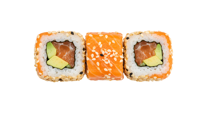 A vibrant sushi platter featuring salmon and avocado rolls on a clean, white background, perfect for culinary presentations