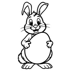 Cheerful cartoon rabbit holding large Easter egg for kids coloring pages