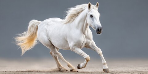 Fototapeta premium Dynamic white horse galloping with flowing mane against gray background evoking freedom and power for equestrian branding.