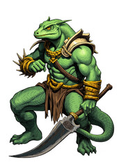 Obraz premium Ferocious Lizardman Warrior Wielding Giant Curved Blade – Reptilian Fantasy Creature in Tribal Armor and Gold Jewelry, Muscular Anthropomorphic Beast Ready for Battle on White Background