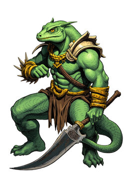 Ferocious Lizardman Warrior Wielding Giant Curved Blade &ndash; Reptilian Fantasy Creature in Tribal Armor and Gold Jewelry, Muscular Anthropomorphic Beast Ready for Battle on White Background