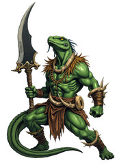 Obraz premium Ferocious Lizardman Warrior Wielding Giant Curved Blade – Reptilian Fantasy Creature in Tribal Armor and Gold Jewelry, Muscular Anthropomorphic Beast Ready for Battle on White Background