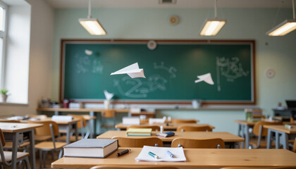 Paper airplanes flying in vintage classroom, playful learning concept