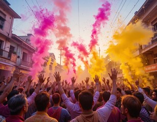 Crowd celebrating with vibrant pink and yellow holi powder in the street
