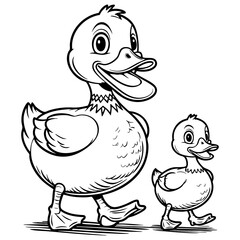 Cute Cartoon Ducks Walking Together in Black and White Illustration