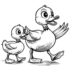 Cartoon Ducks Marching Happily in a Cute Farm-Themed Line Drawing