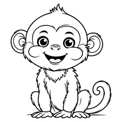 Happy Cartoon Monkey Sitting with Big Smile and Round Eyes