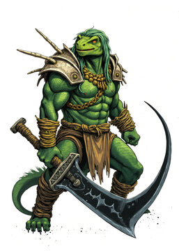Ferocious Lizardman Warrior Wielding Giant Curved Blade &ndash; Reptilian Fantasy Creature in Tribal Armor and Gold Jewelry, Muscular Anthropomorphic Beast Ready for Battle on White Background