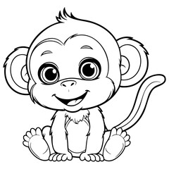 Happy Cartoon Baby Monkey Sitting Barefoot with Adorable Big Round Eyes