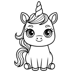 Adorable Sitting Unicorn with Flowing Hair and Sweet Eyes to Color