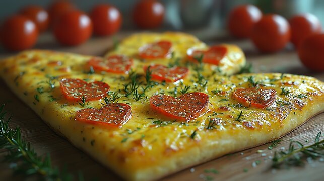 Heart-shaped tomato slices adorn a cheesy flatbread pizza. - Powered by Adobe
