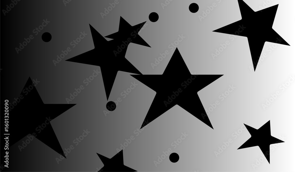 Poster stars and circles scattered on a gradient from light to medium gray, creating a celestial pattern vi