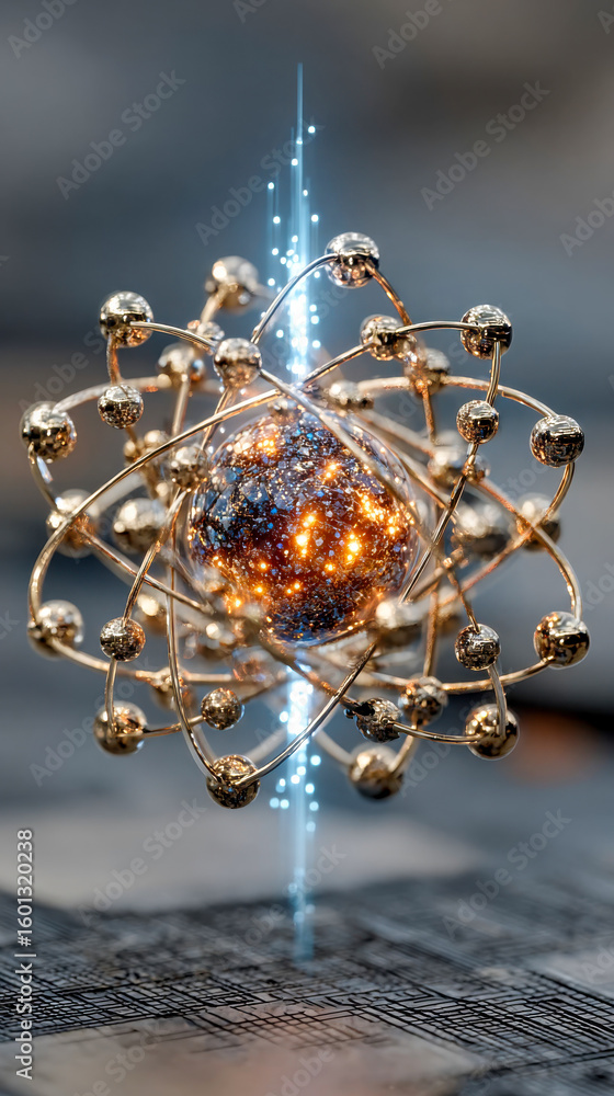 Fototapete a glowing atom-like structure with golden orbitals and a luminous core symbolizes quantum energy and