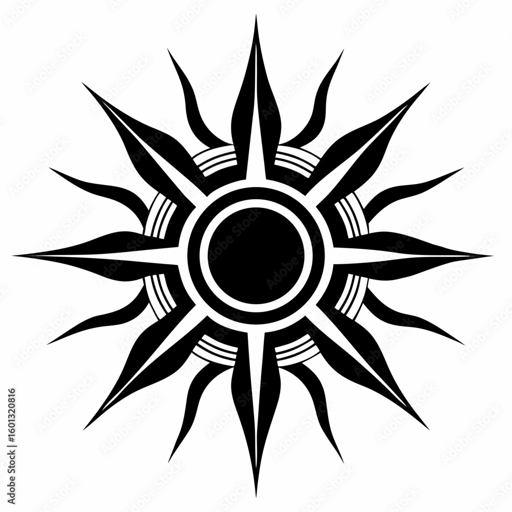 Poster intricate black sun silhouette with sharp rays and concentric circles isolated on white background