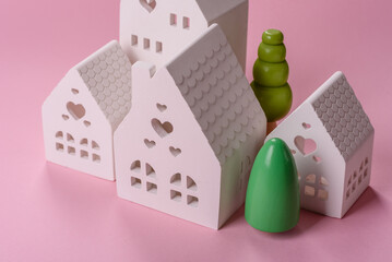 House, buying or selling real estate, concept background with money and piggy bank. Real estate