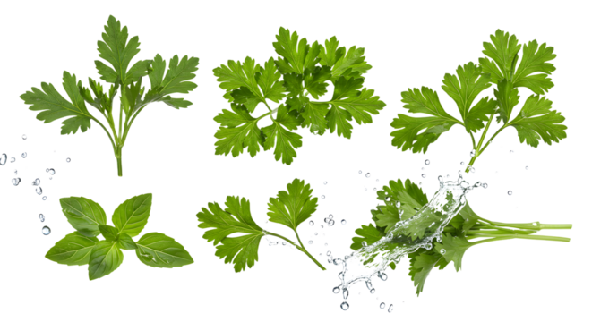 Fresh green herbs including parsley and basil with water droplets, ideal for culinary or gardening themes