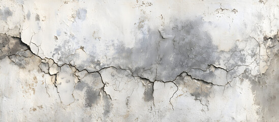 Obraz premium Deteriorating white wall with textured cracks and damp paint showing peeling in shades of gray and off-white, creating a weathered background.