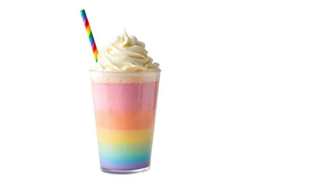 Tall glass filled with layered rainbow colored milkshake topped with whipped cream and a straw isolated on transparent background