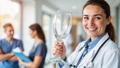 Doctor smiling and holding a glass of water in a hospital setting  