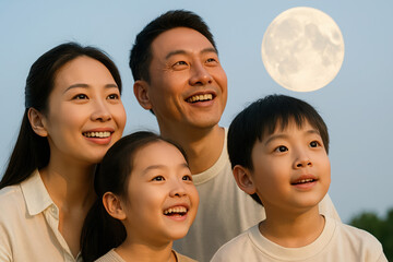 Happy family watching full moon together on a clear night. Mid-Autumn Festival