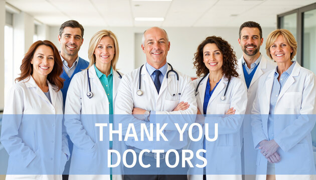 Medical team of doctors smiling together in hospital corridor  