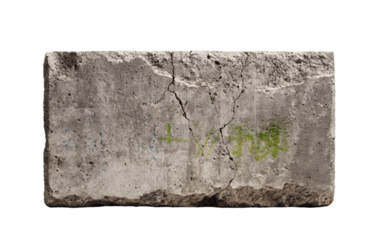 A large, cracked concrete block with graffiti on it