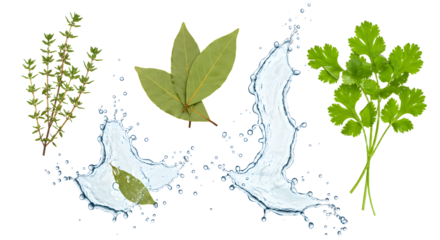 Fresh herbs including thyme, bay leaves, cilantro, and parsley arranged artistically with splashes of water, perfect for culinary use