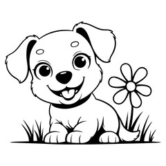 Happy Cartoon Puppy Sitting Next to a Flower in the Grass