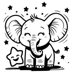 Smiling Baby Elephant Surrounded by Happy Stars Cartoon Art