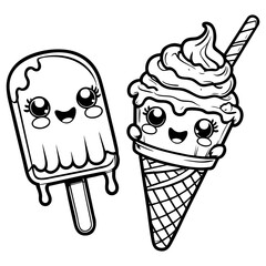 Kawaii Ice Cream Cone and Popsicle with Big Eyes Coloring Sheet