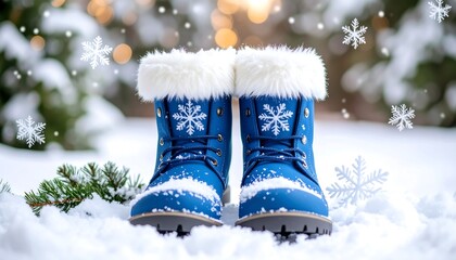 Pair of blue winter boots in the snow