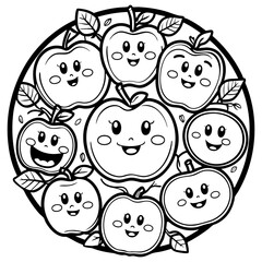 Happy Apple Themed Cartoon Fruits Coloring Page in Circle Frame