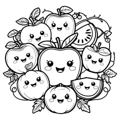 Cluster of Cute Kawaii Fruits with Watermelon and Apples