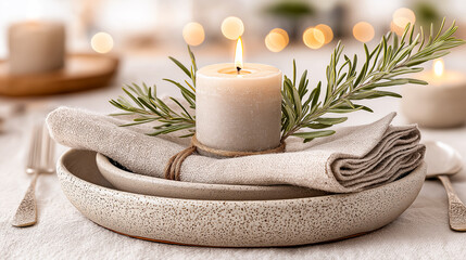 Elegant table set with stoneware plates, linen napkin, and candle. Perfect for dining, cozy dinners, rustic decor, and special occasions.