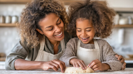 Smiling African-American mother and daughter making pastry together in cozy kitchen.