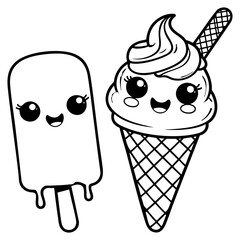 Cute Ice Cream and Popsicle with Happy Faces for Kids Coloring