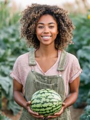 Young African-American female farmer proudly holding a ripe watermelon in the field. Perfect for agricultural, organic food