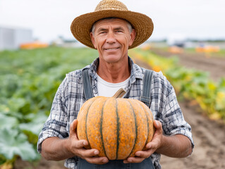 Proud senior farmer holding a large orange pumpkin in hands, standing outdoors. Perfect for agricultural themes, autumn harvest, organic farming, Thanksgiving, and rural lifestyle visuals.