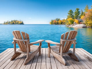 Two wooden Adirondack chairs on a dock overlooking a serene blue lake.