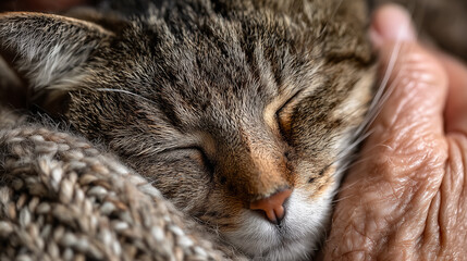 Sleeping cat gently cradled in an elderly person’s hand. Perfect for themes of care, comfort, companionship, and pet love.